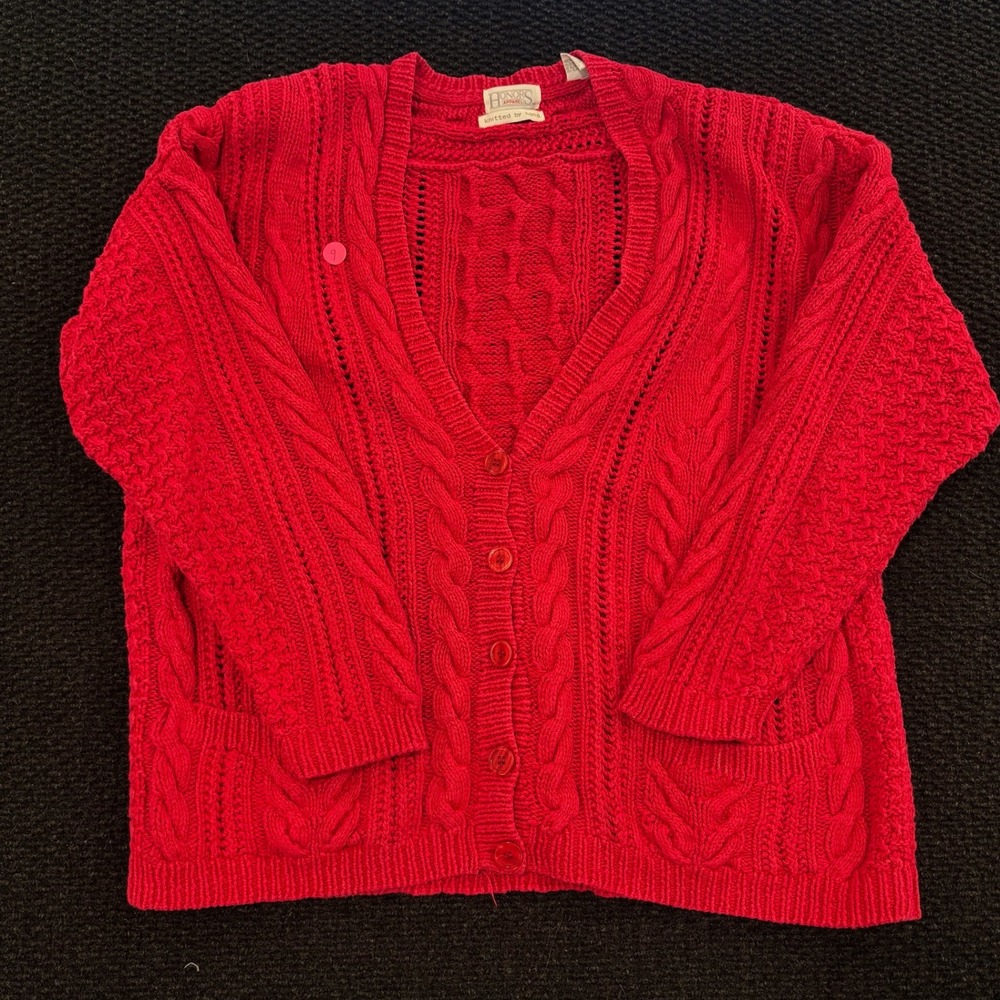 Honor's Apparel Red Cable Knit Cardigan Sweater Women's‎ Size M Hand Knitted
